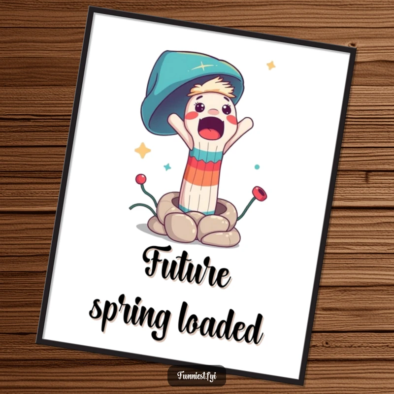 Funny digital art print of a surprised sock puppet character launching from a spring, ideal for instant, humorous wall decor.