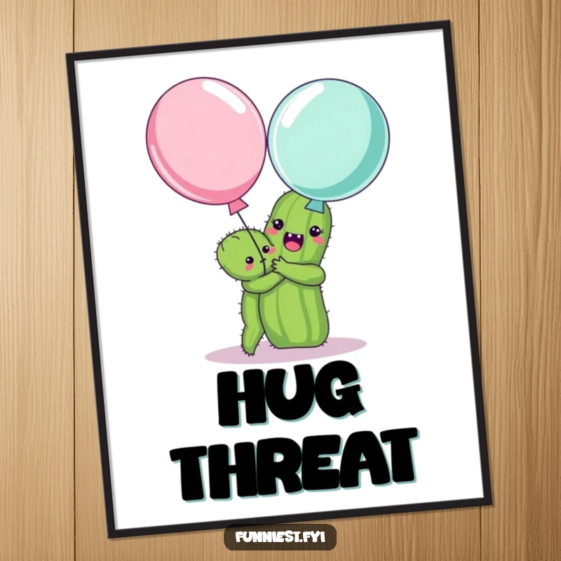 Funny digital art print of a happy cactus hugging a surprised balloon, a comical and charming illustration for instant download.