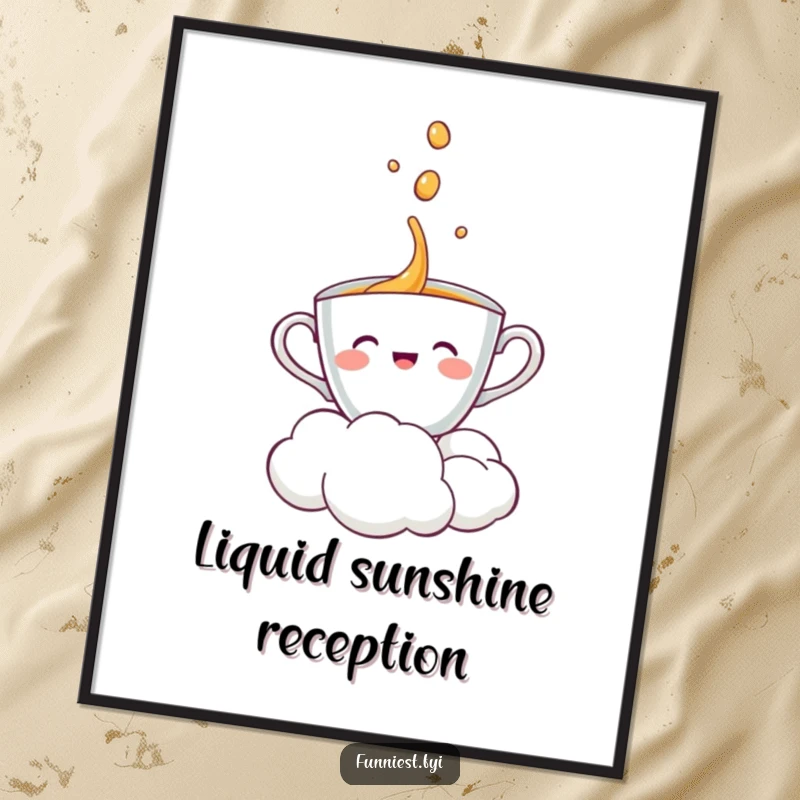 Funny teacup character joyfully accepting a pour from a smiling cloud, high-quality digital art print.
