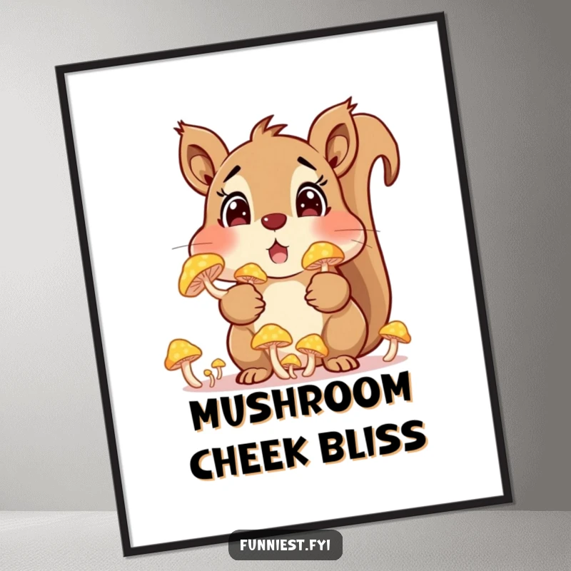 Funny squirrel character with cheeks stuffed full of glowing mushrooms, high-resolution digital art print for whimsical, woodland-themed decor.