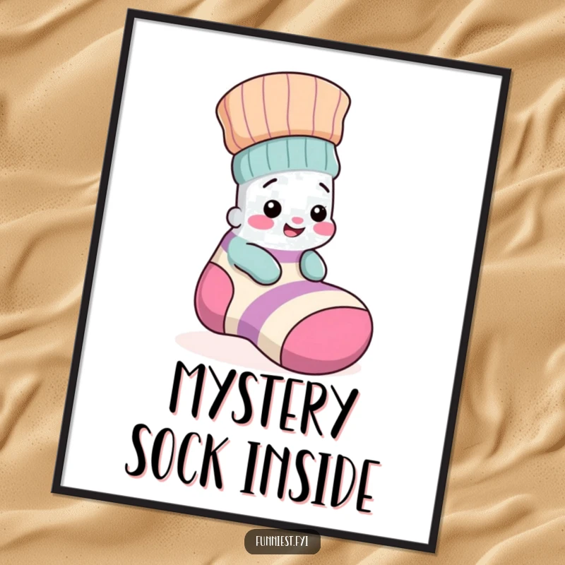Funny digital art print of a small, giggling sock character playfully peeking from a big, mismatched sock, ready to brighten your space.
