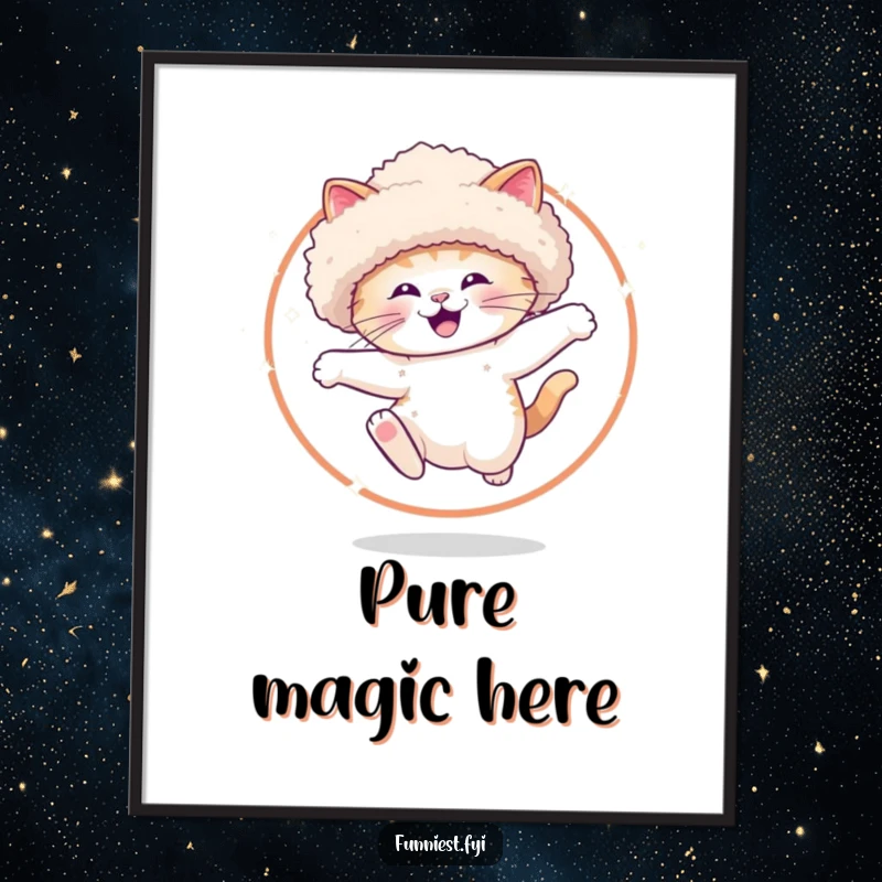 Funny Digital Art Print of a joyful cat in a large fluffy hat, leaping through a hoop brilliantly lit with sparkles.