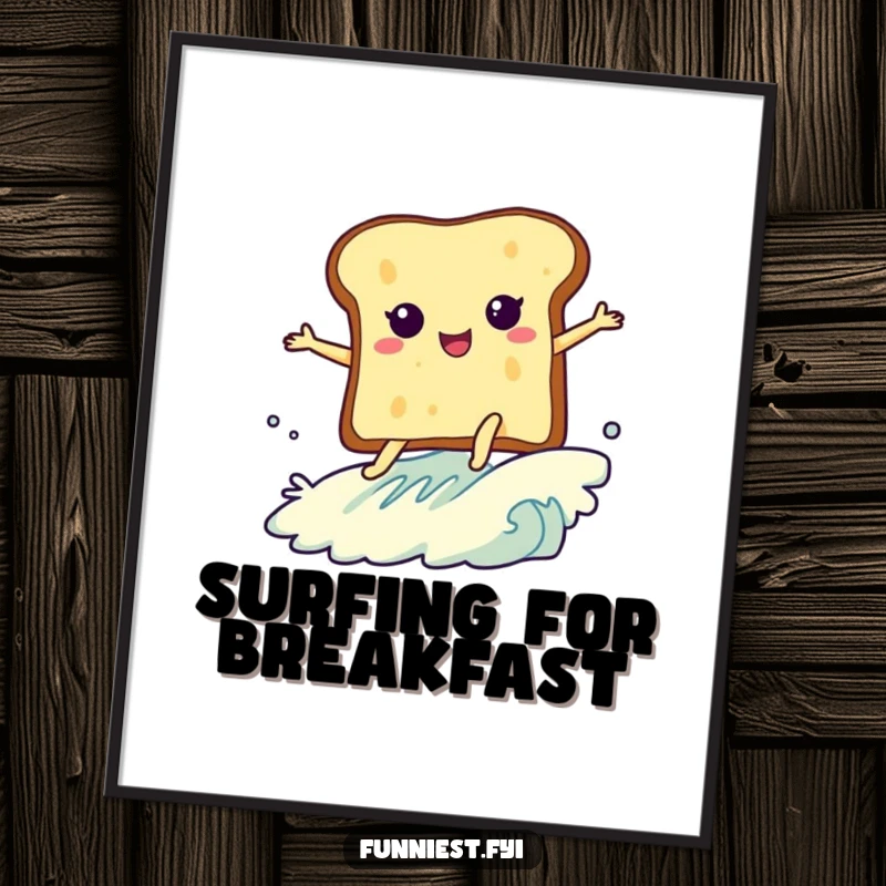 Funny digital art print of a slice of toast with legs enthusiastically surfing a butter wave, bringing humorous breakfast energy.