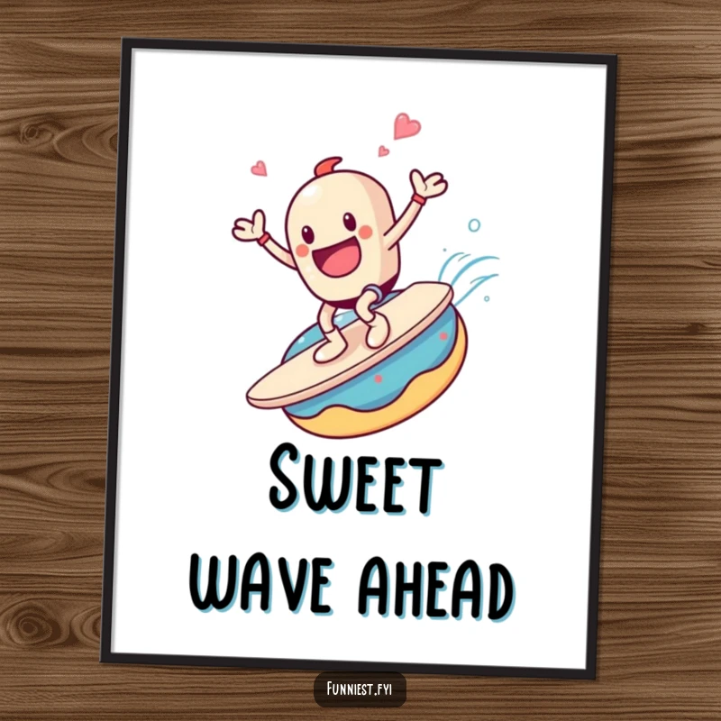 Funny digital art print of a coffee cup character joyfully surfing on a giant donut, embodying pure happiness and sweetness.