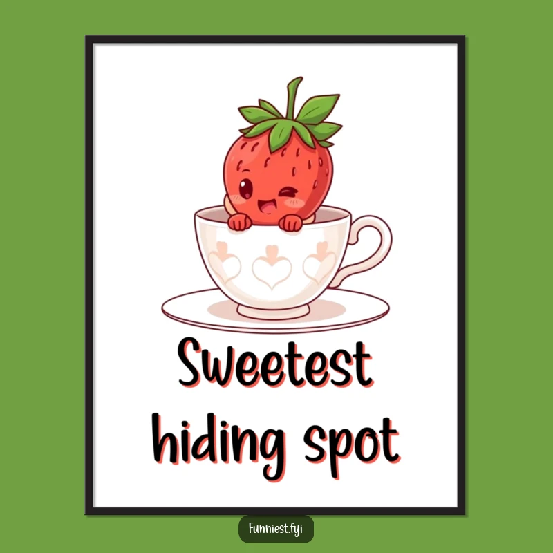 Funny Strawberry Teacup Digital Art: Giggling Character Hiding Print, Gift!