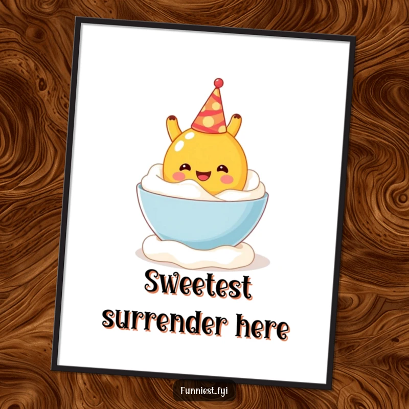 Funny digital art print of a happy fruit character with a party hat diving headfirst into a generous bowl of whipped cream.