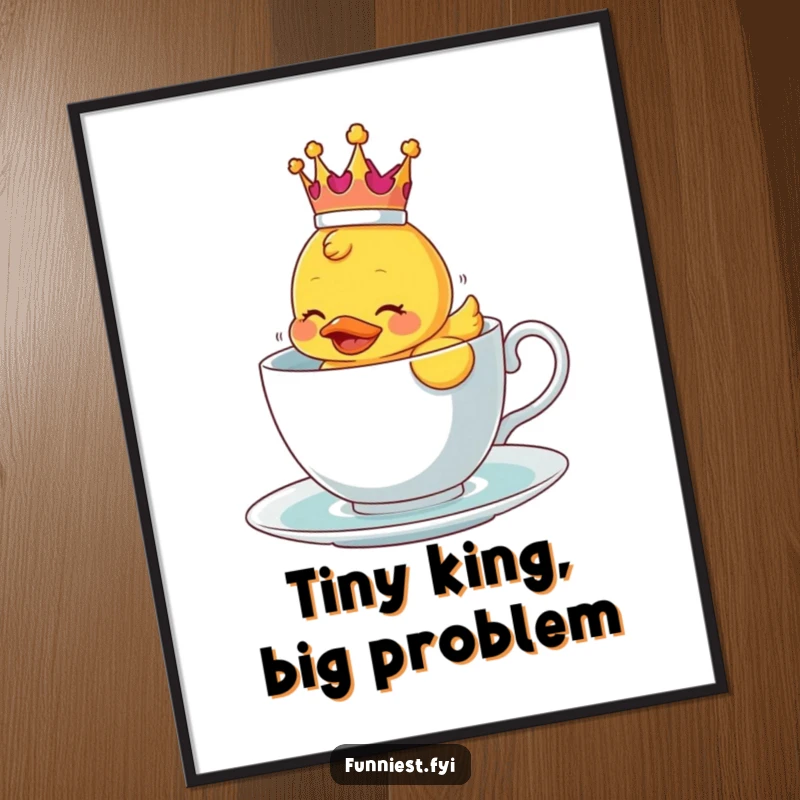 Funny digital art print of a crowned rubber ducky comically struggling in a teacup, cute wall decor.