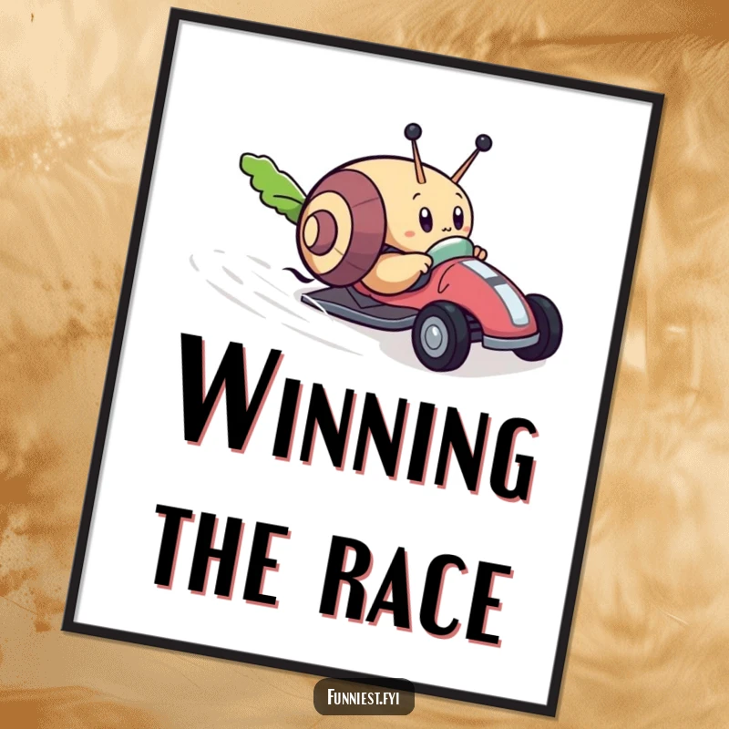 Funny digital art print of a determined snail character racing a tiny toy car towards a lettuce leaf, illustrating humorous ambition and speed.
