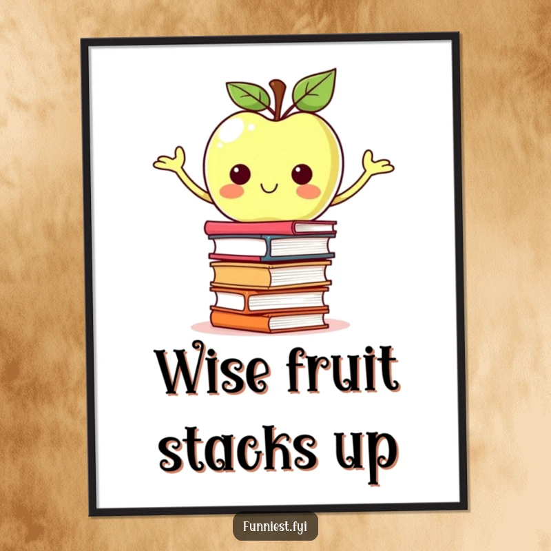 Funny proud apple character balancing a wobbling stack of books, available as a digital art print for instant humorous decor.