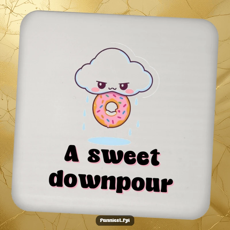 Funny drink coaster with a grumpy cloud raining a single, perfect donut, protecting surfaces humorously.