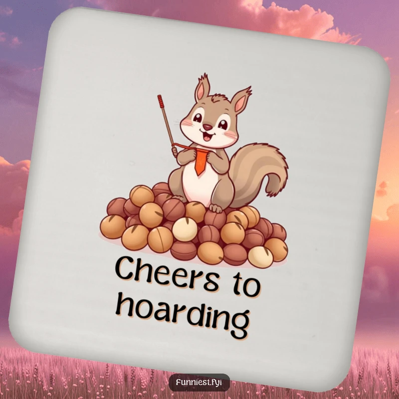 Funny Drink Coaster featuring a triumphant squirrel holding a banner, standing upon a pile of nuts.