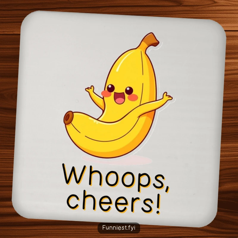 Funny banana character mid-yelp during a comical slip on its peel, a humorous drink coaster.