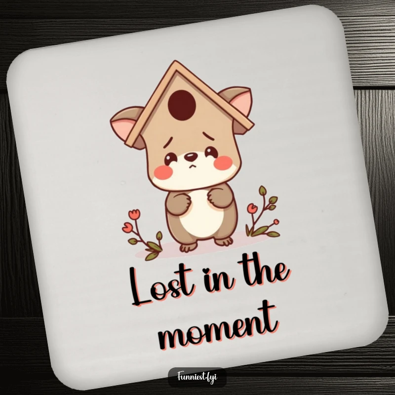 Funny drink coaster showing a confused animal character wearing a birdhouse as a hat, looking around lost, a humorous table protector.