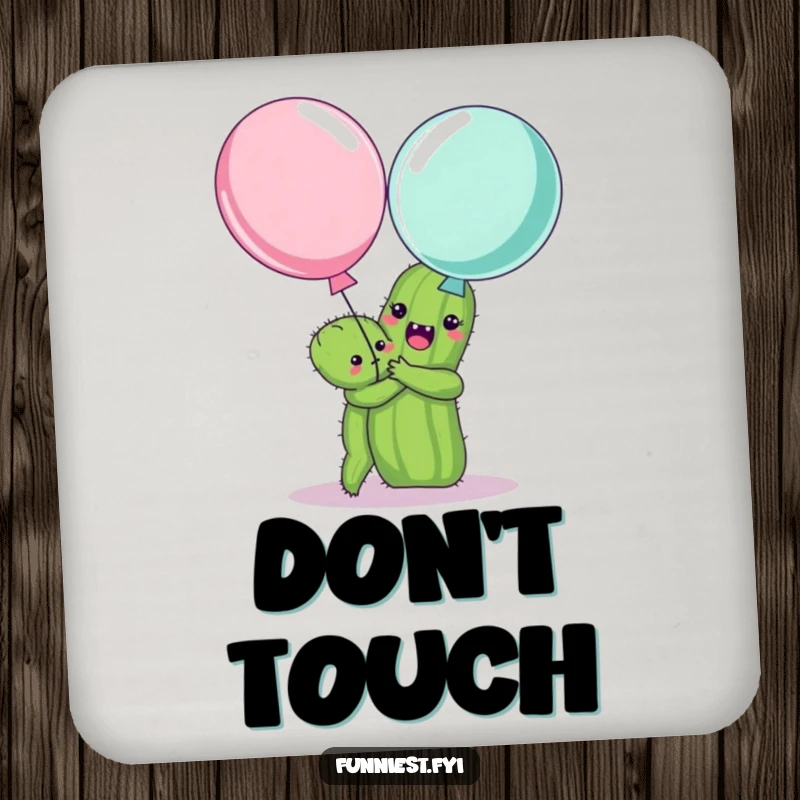 Funny drink coaster showing a happy cactus hugging a scared balloon, a small yet humorous addition to any table.