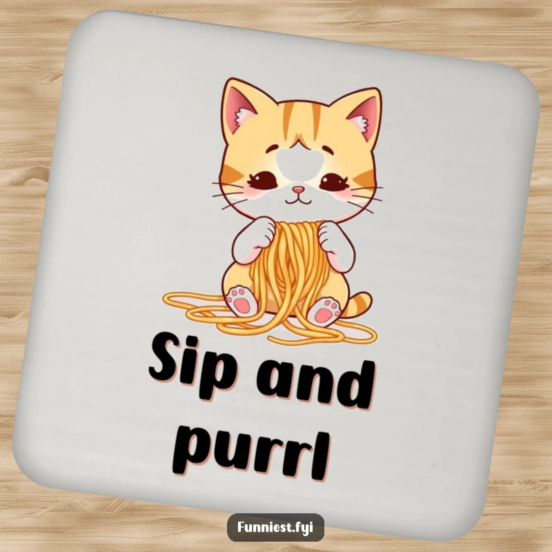 Funny cat coaster featuring a puzzled cartoon cat attempting to knit spaghetti noodles, protecting surfaces with humor.