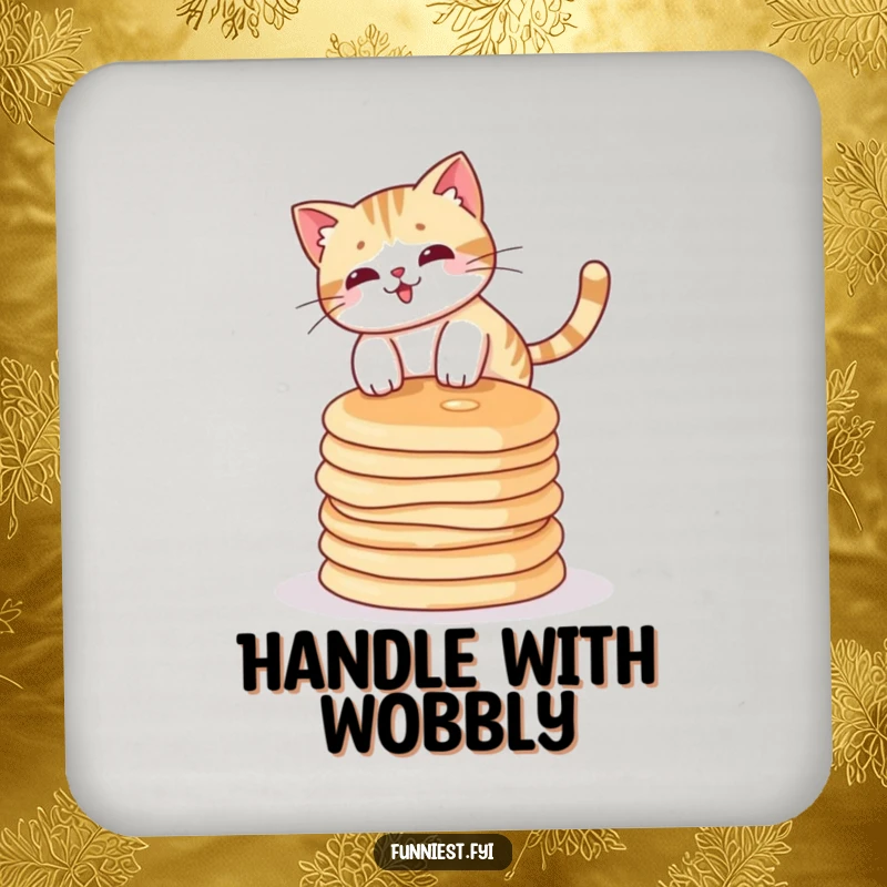 Funny cat character attempting to balance on a stack of pancakes, serving as a humorous drink coaster.