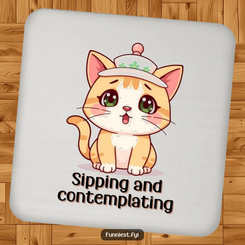 Set of funny cat coasters, each depicting a surprised cat character wearing a teacup as a hat.