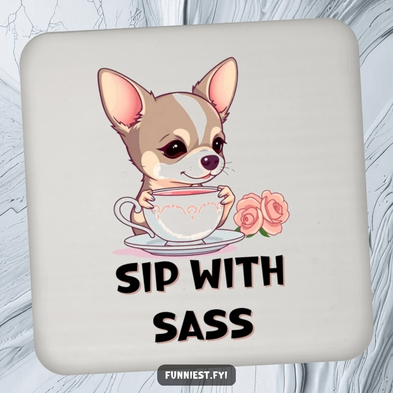 Funny Chihuahua drink coasters, a dog dramatically sipping tea, adding a touch of elegant humor to tabletops.