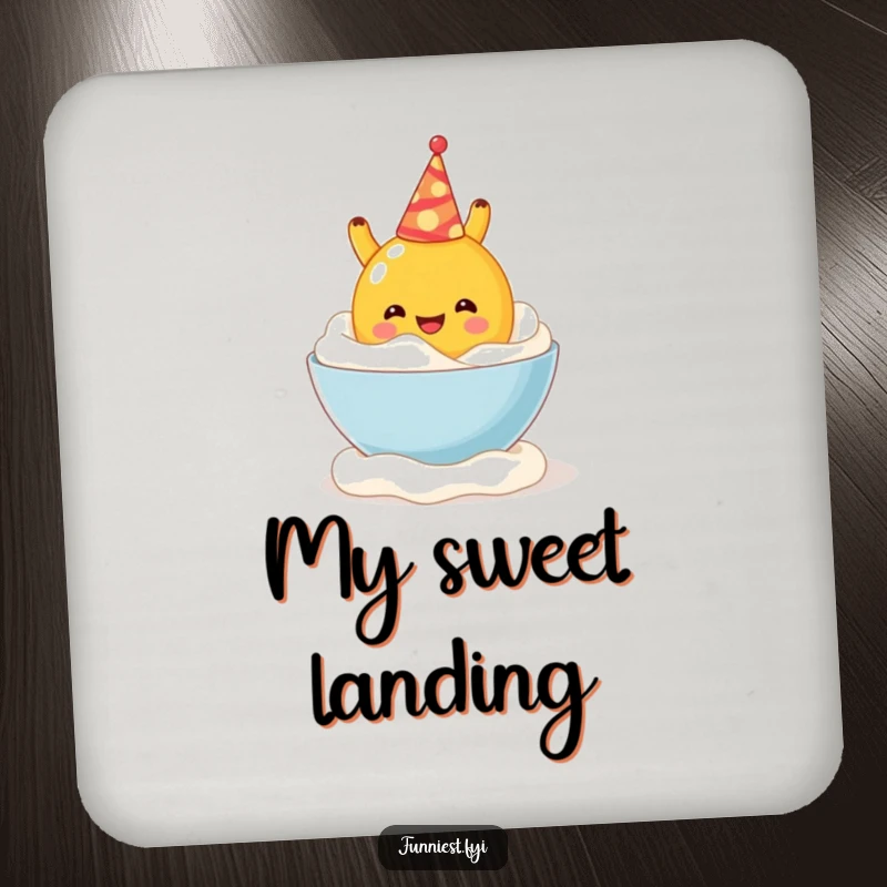 Funny drink coaster showing a cheerful fruit character in a party hat falling into whipped cream, a humorous table protector.