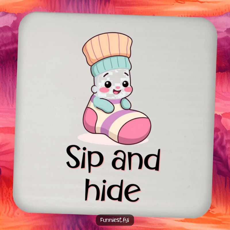 Funny drink coaster with a giggling sock character playfully hiding inside a larger, mismatched sock, protecting furniture with humor.