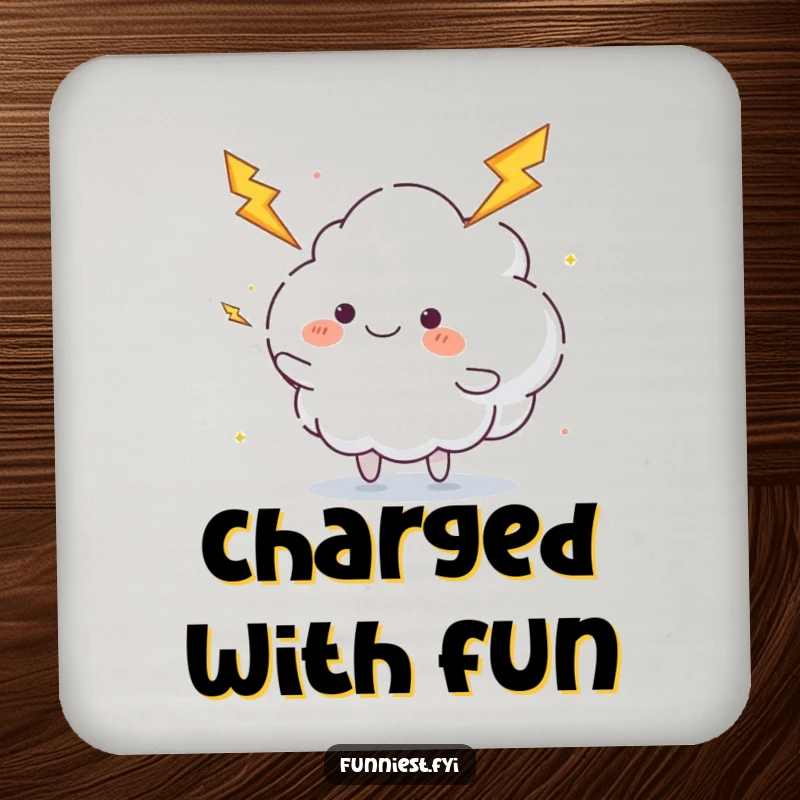 Funny juggling cloud coaster featuring a fluffy cloud character happily juggling lightning bolts, perfect for energetic table protection and gifts.