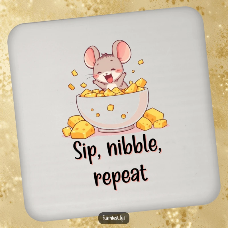 Funny coaster with a delighted mouse character diving into a massive bowl of cheese, a humorous and practical surface protector.