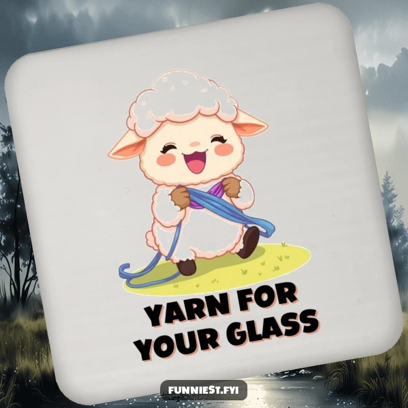 Funny sheep character knitting a rainbow, presented as a charming and humorous drink coaster.