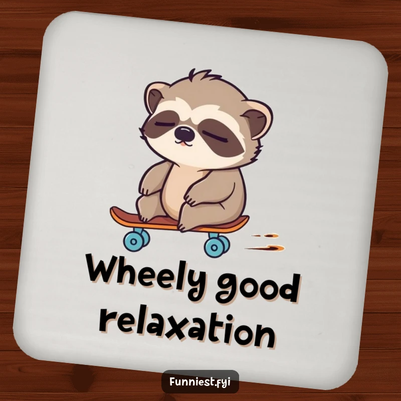 Funny sloth character unexpectedly fast on a tiny skateboard, presented as a humorous drink coaster.