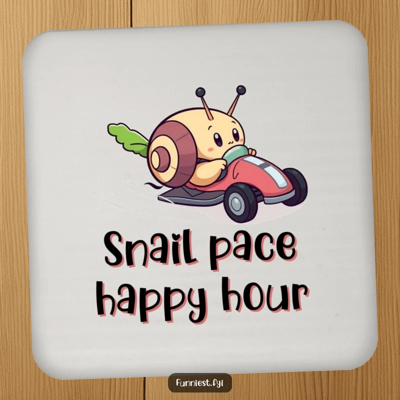 Funny coaster with a determined snail character racing a tiny toy car towards a lettuce leaf, a humorous and practical surface protector.