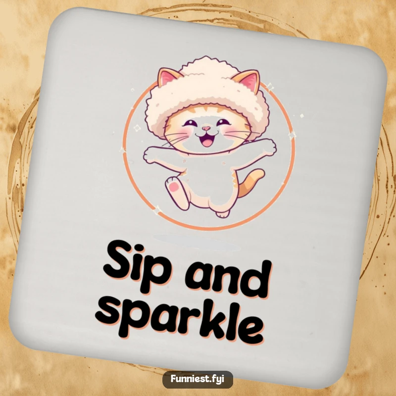 Funny Drink Coaster featuring a happy cat in an oversized hat jumping through a hoop of sparkling magic.