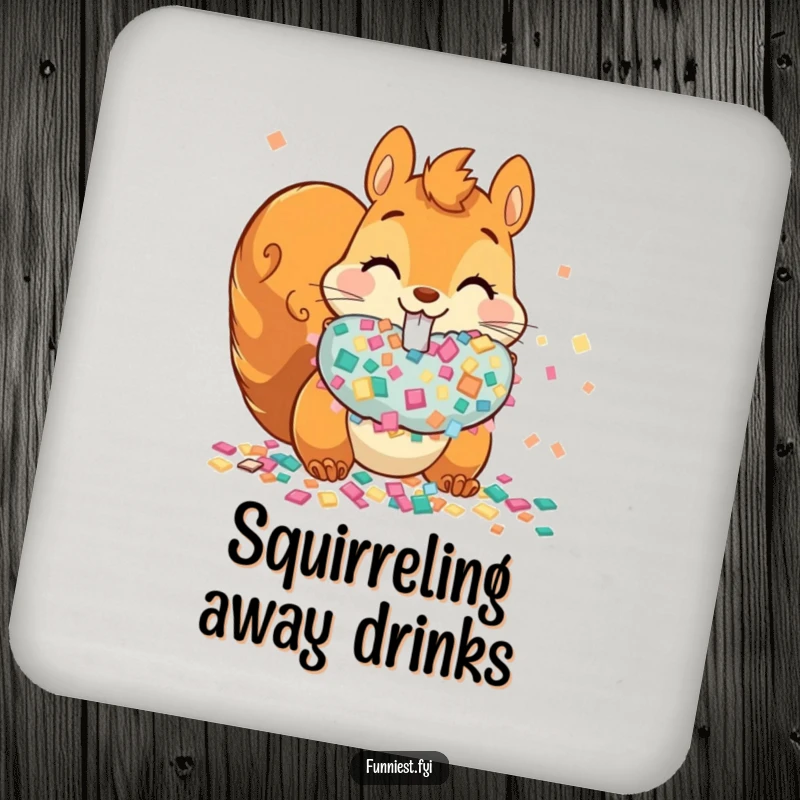 Funny mischievous squirrel stuffing its cheeks with confetti on a drink coaster, adding party flair.
