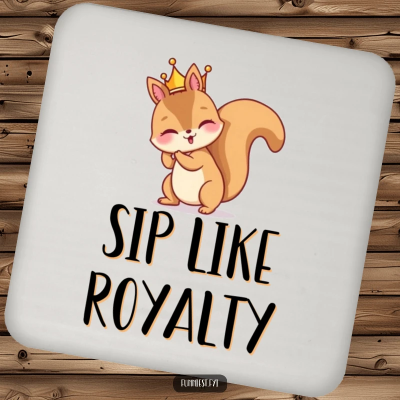 Funny drink coaster with a mischievous squirrel character comically wearing a tiny crown backward, a regal blunder.