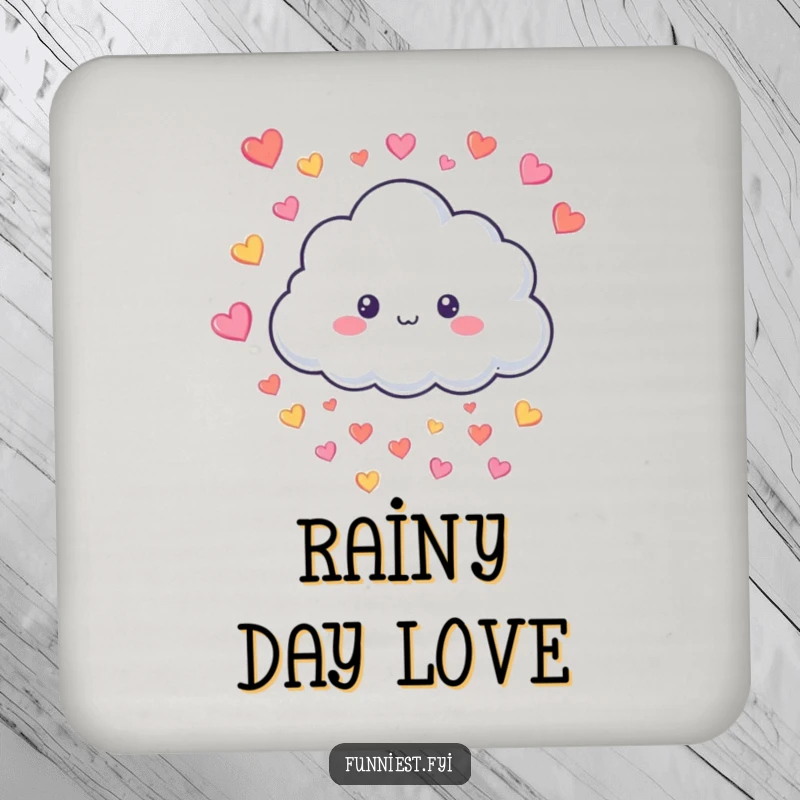 Funny Drink Coaster with a smiling fluffy cloud character raining tiny colorful hearts, protecting surfaces with cheer and style.