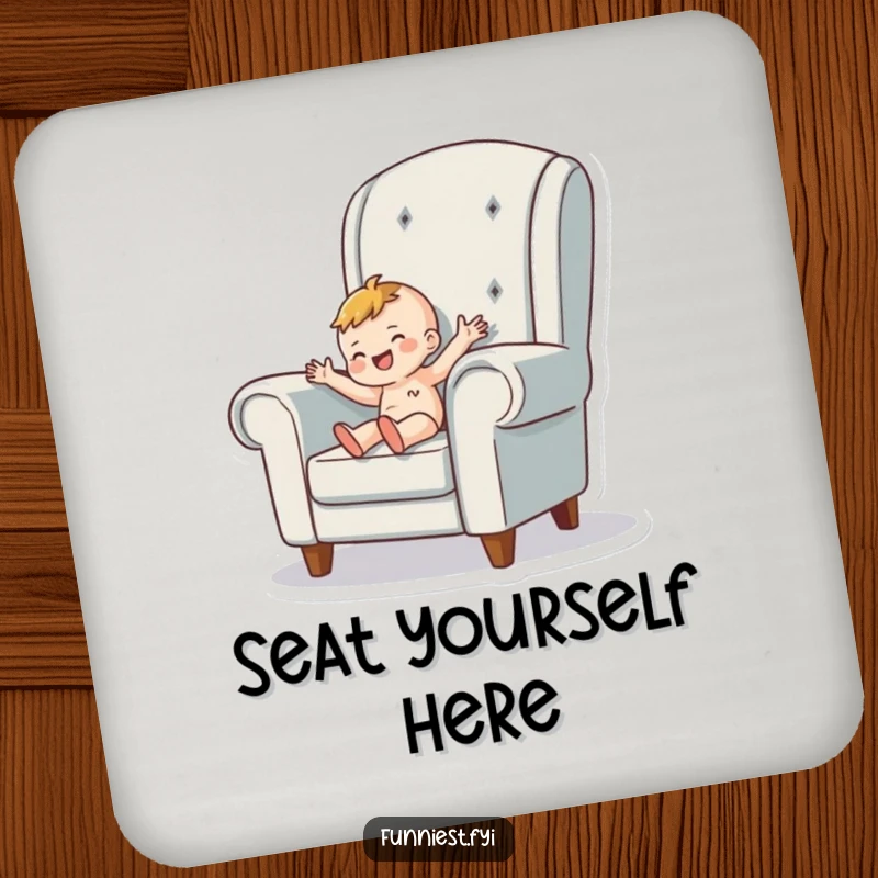 Funny Drink Coaster featuring a tiny person character happily wiggling inside a giant armchair, protecting surfaces with cozy charm.