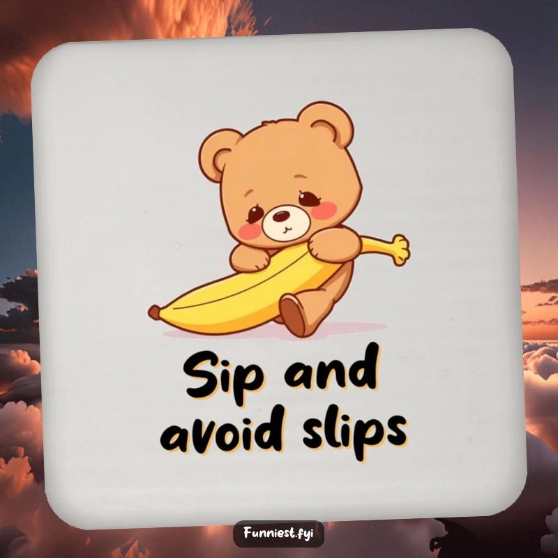 Set of funny teddy bear coasters, each depicting a clumsy bear character tripping over a runaway banana.