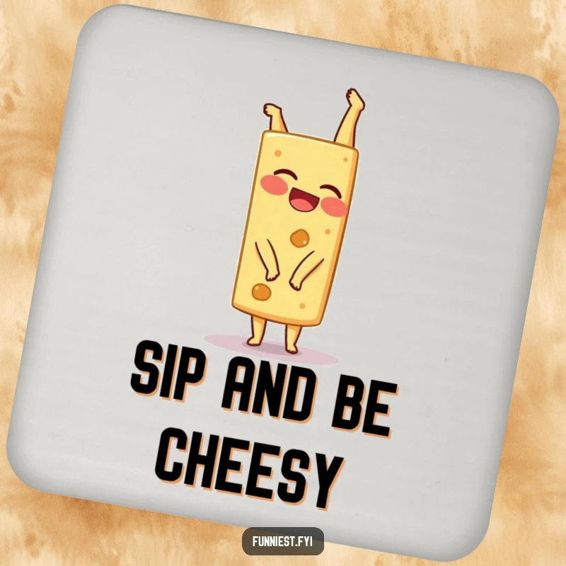 Set of funny cheese coasters, each depicting a giggling wedge character attempting a handstand, offering protection with humor.