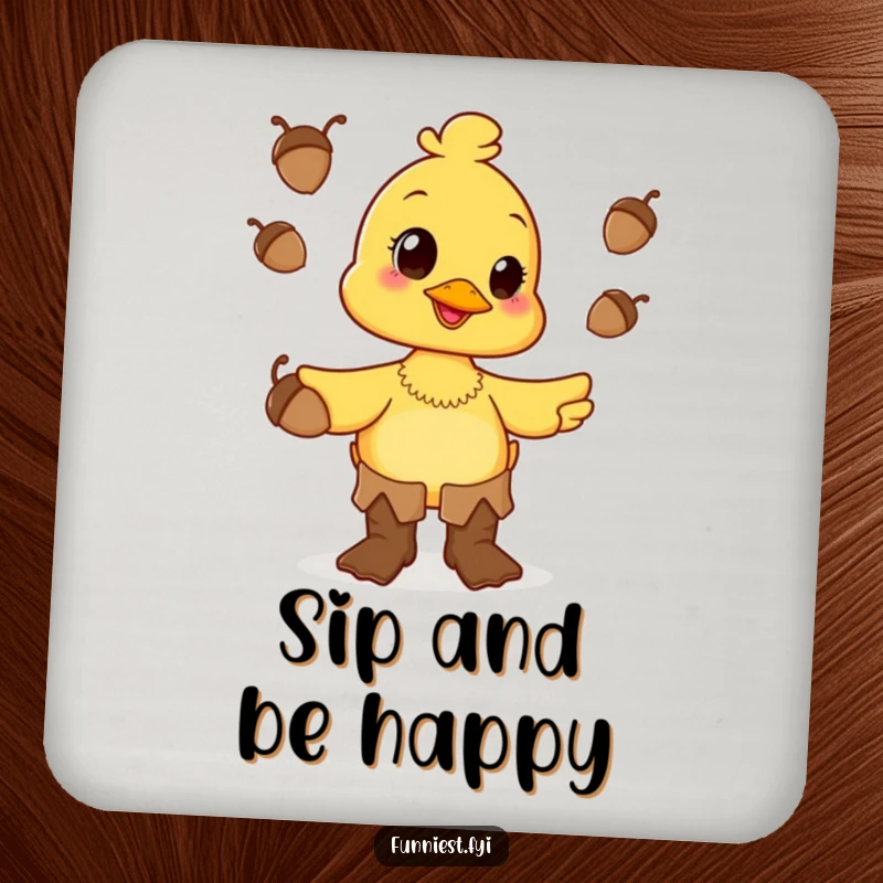 Set of funny duck coasters, each depicting a happy duck character juggling acorns while wearing oversized boots.