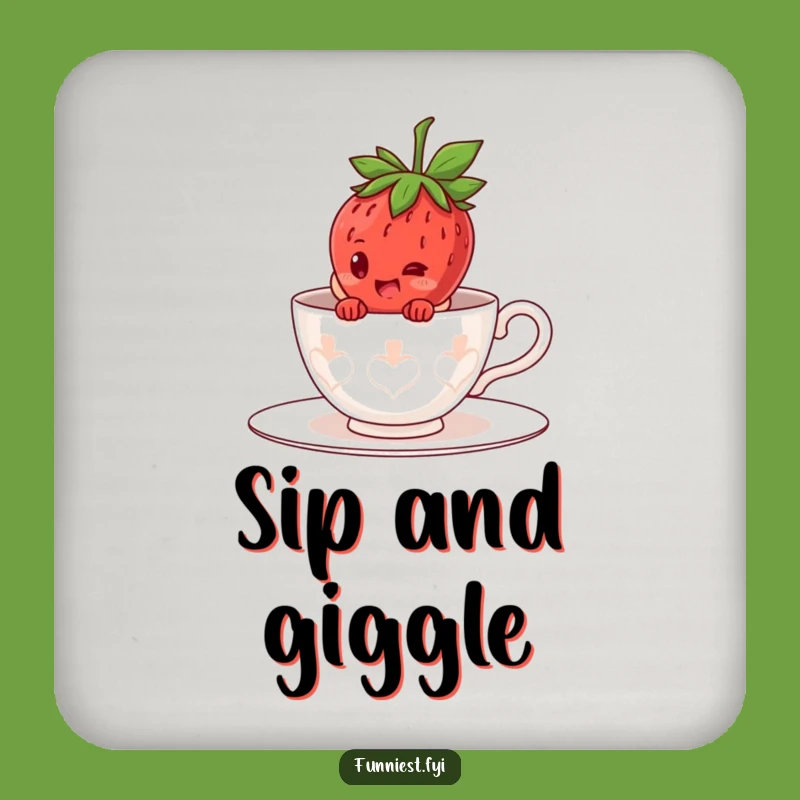 Funny Strawberry Teacup Drink Coaster: Giggling Character Hiding Table Protection, Gift!
