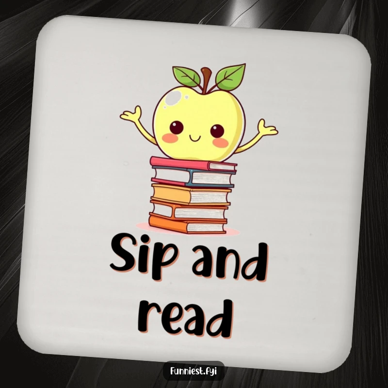 Funny proud apple character balancing a stack of books on a drink coaster, offering protective academic charm.