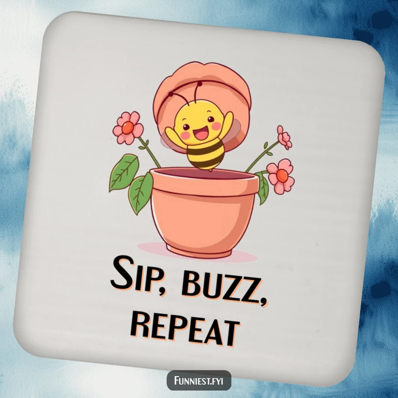 Funny coaster with a happy bee character comically flying upside down into a giant flowerpot, a humorous and practical surface protector.