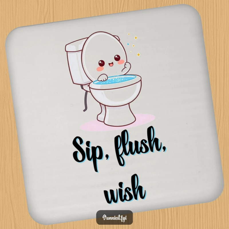 Funny friendly toilet character drink coaster, granting a wish with glitter shooting from the bowl, a touch of magic.