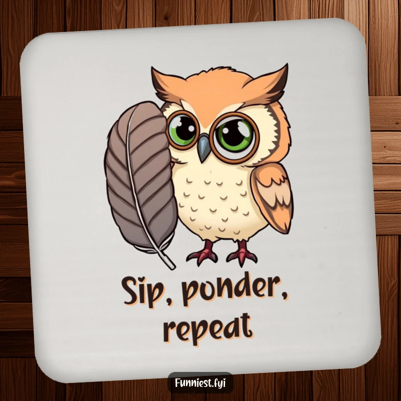 Funny Drink Coaster featuring a curious owl wearing a monocle, examining an oversized feather.