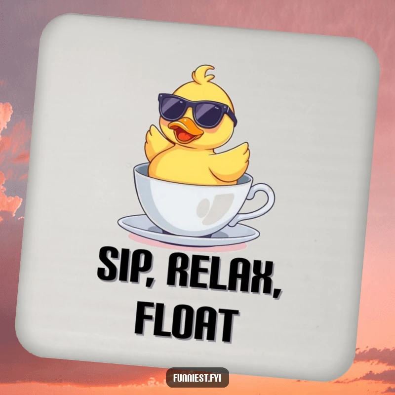 Funny drink coaster featuring a rubber duck wearing sunglasses floating upside down in a teacup, a humorous way to protect surfaces.