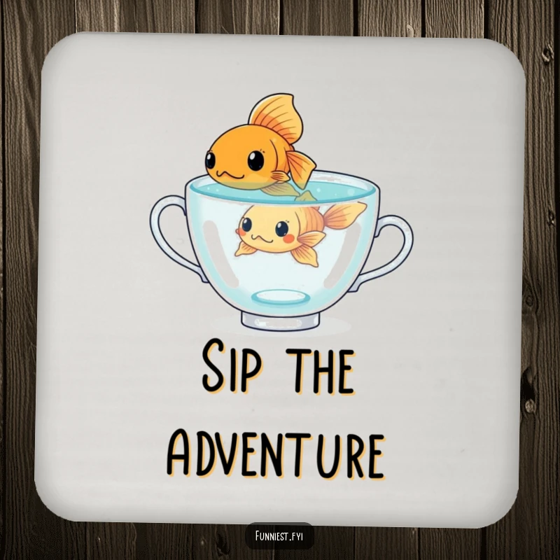 Funny determined goldfish character in a giant teacup, a set of humorous drink coasters for determined individuals.