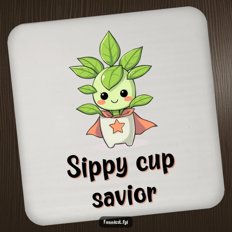 Funny happy houseplant in a tiny superhero cape on a drink coaster, offering protective heroic charm.