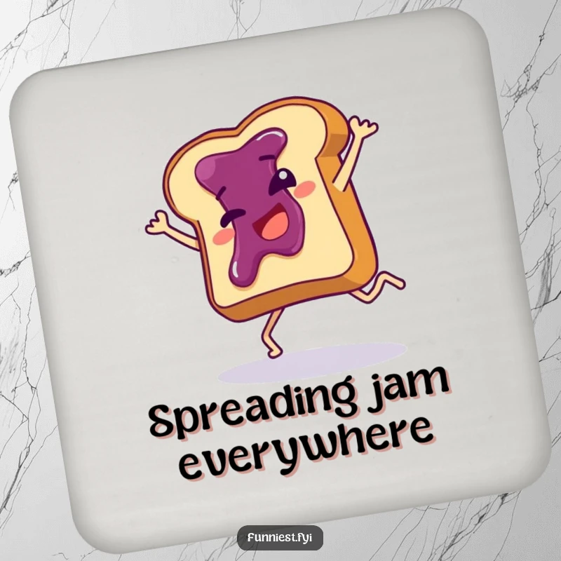 Funny drink coaster featuring a giggling toast slice with jam mid-cartwheel, protecting surfaces with a splash of breakfast humor.
