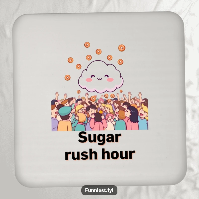 Funny giggling cloud raining tiny donuts onto a cheering crowd, a set of humorous drink coasters.