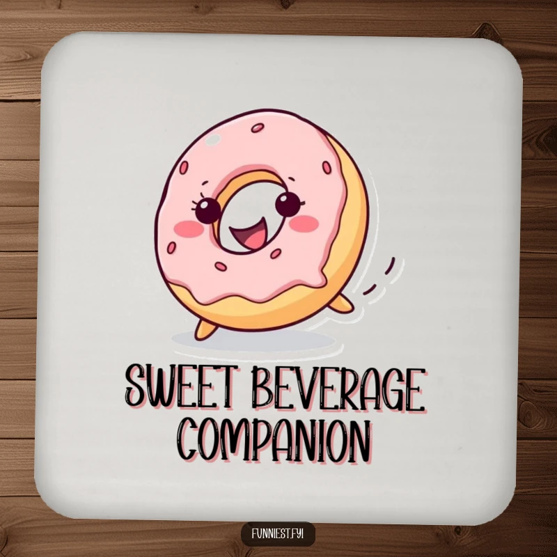 Funny donut character with a cheerful grin rolling downhill on a drink coaster, providing surface protection with sweet, playful humor.