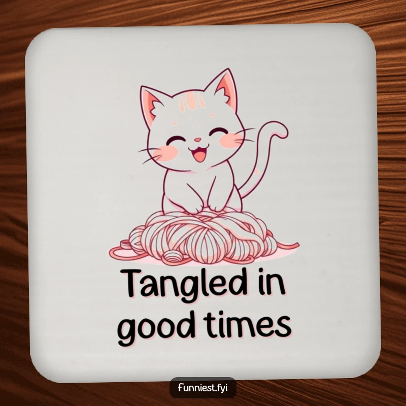 Funny drink coaster showing a smiling cat tripping over its tail into a pile of yarn, a humorous table protector.