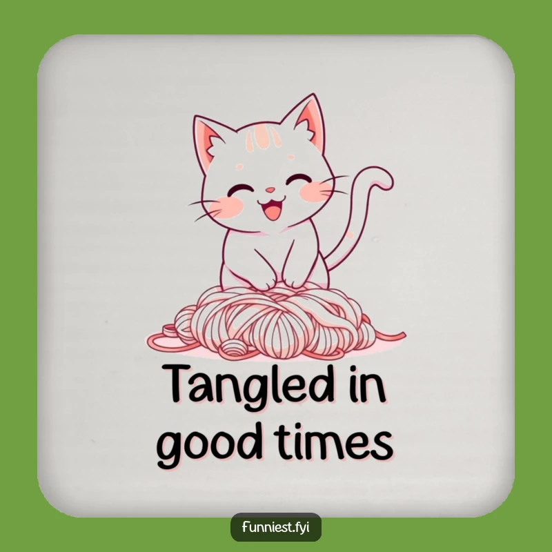 Funny Cat Yarn Coaster: Tripping Feline Protection - Hilarious Drink Gift!